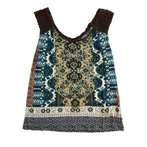 Billabong Y2K Boho Printed Crochet-Trim Tank Top - Brown/Teal